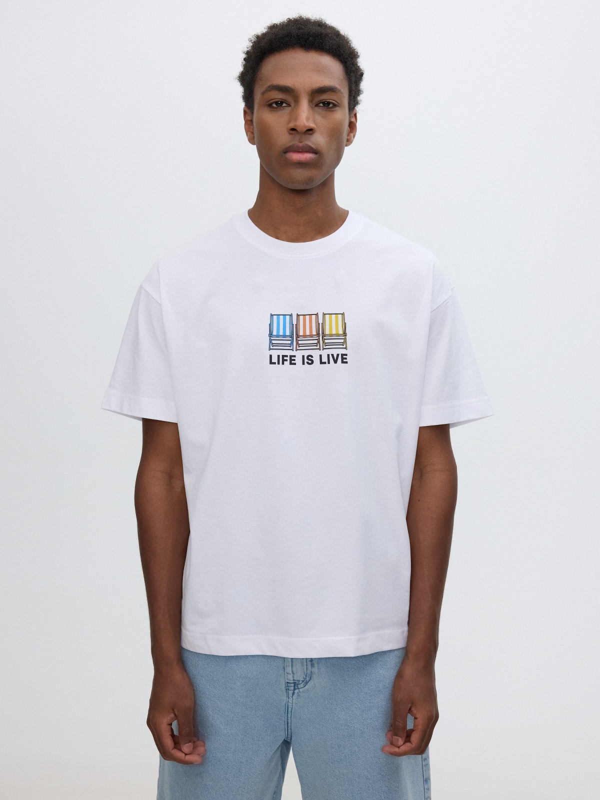 T-shirt with "life is live" print white middle front view