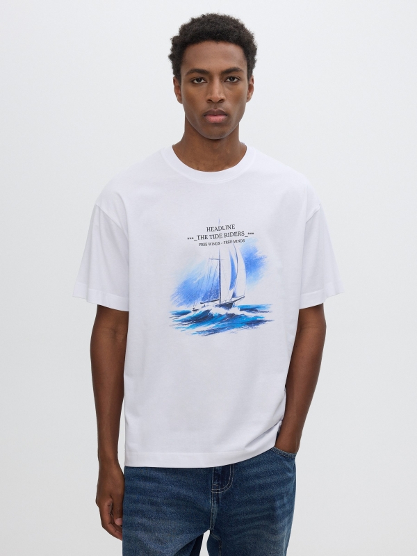 Sailboat print T-shirt white middle front view