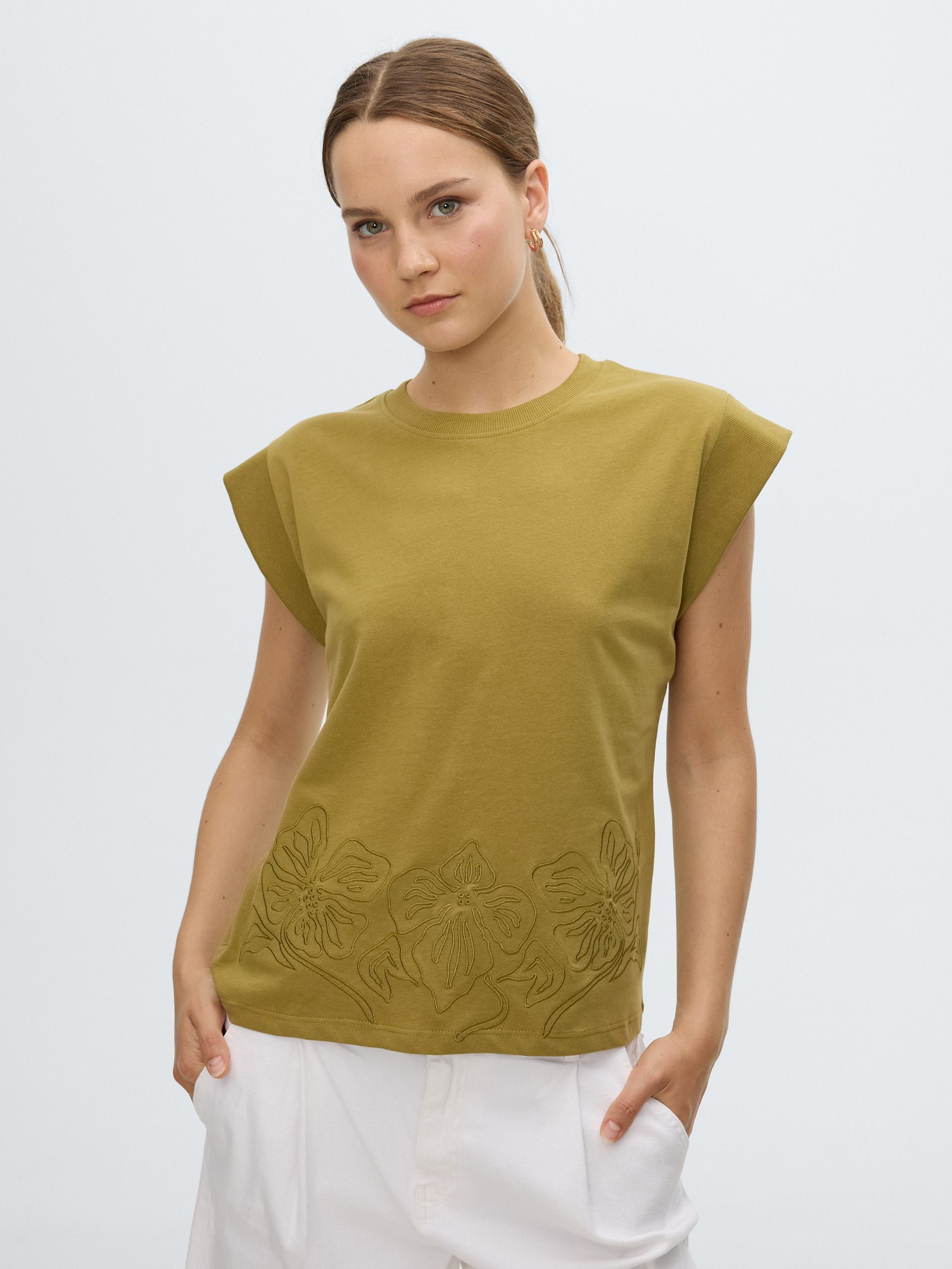 Sleeveless T-shirt with floral embroidery olive green middle front view