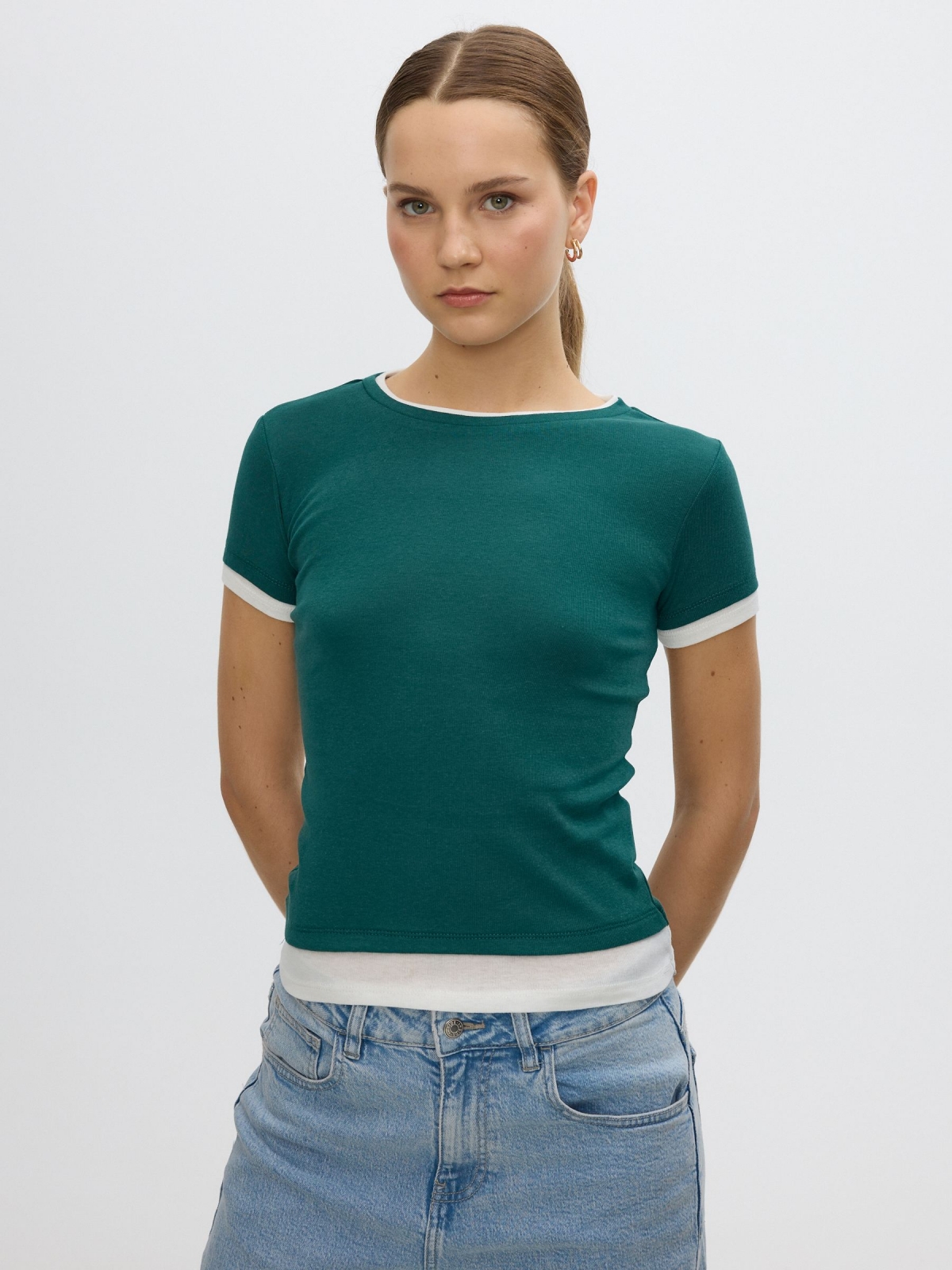 Double-layer effect T-shirt dark green middle front view