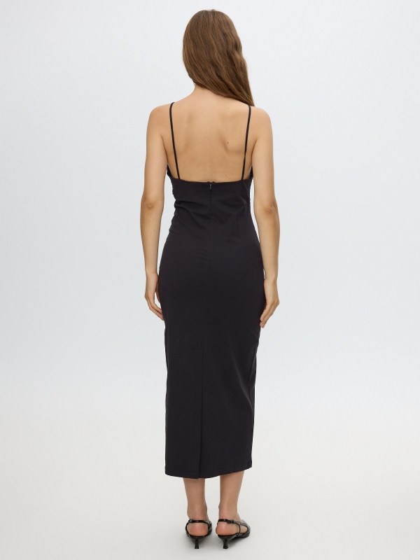 Vestido midi halter franzido preto vista meia traseira