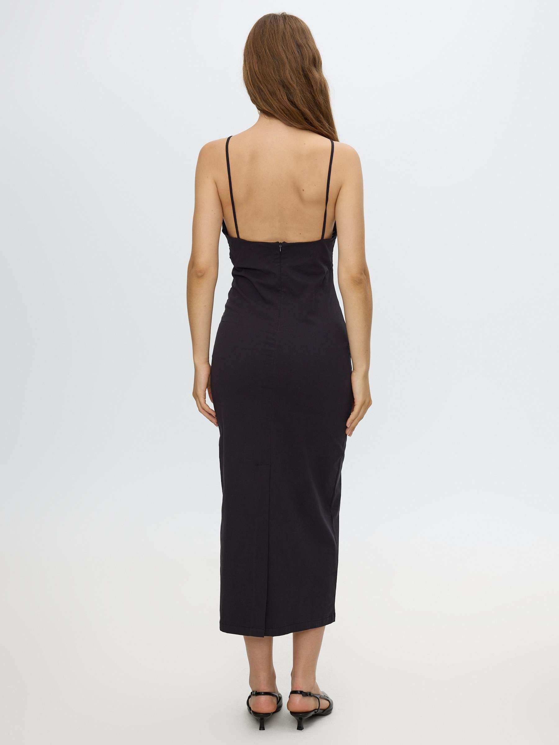 Ruched halter midi dress black middle front view