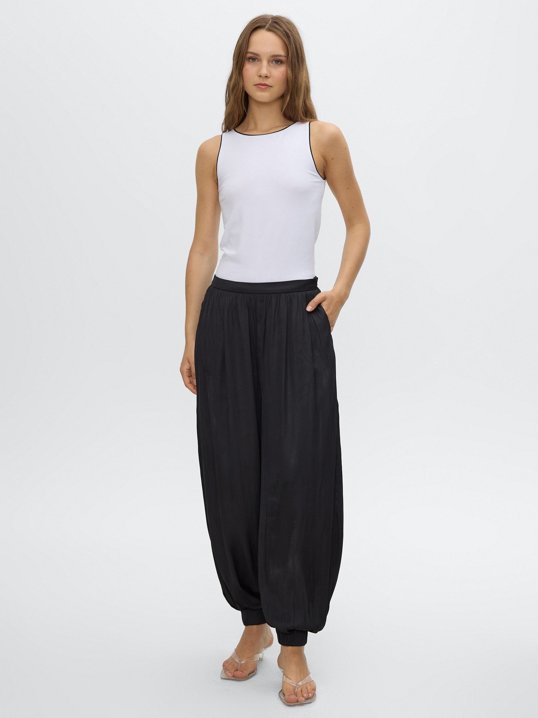 Satin harem pants black front view