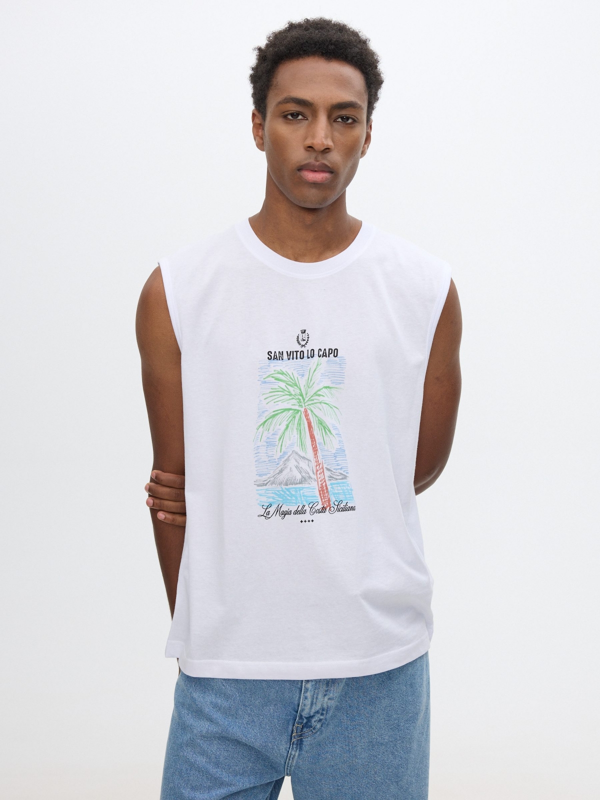 Camiseta sin mangas tropical blanco vista media frontal