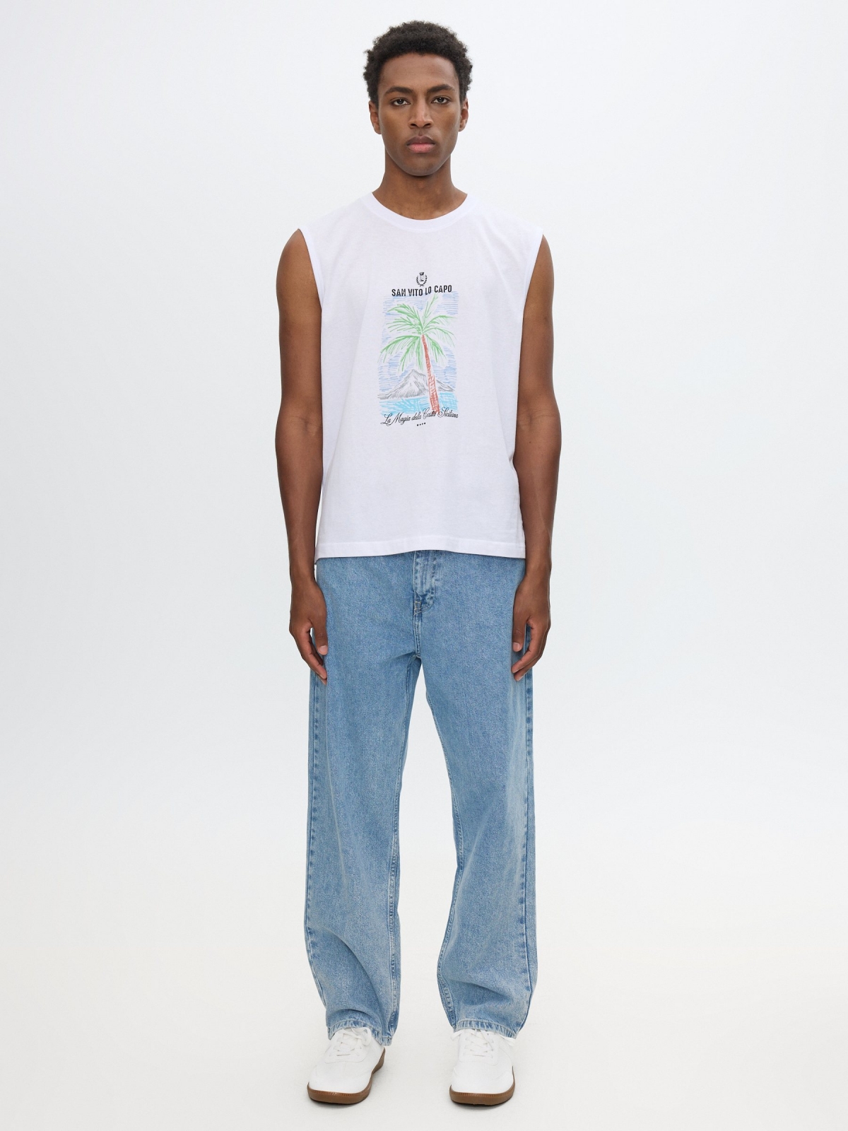 Camiseta sin mangas tropical blanco vista general frontal