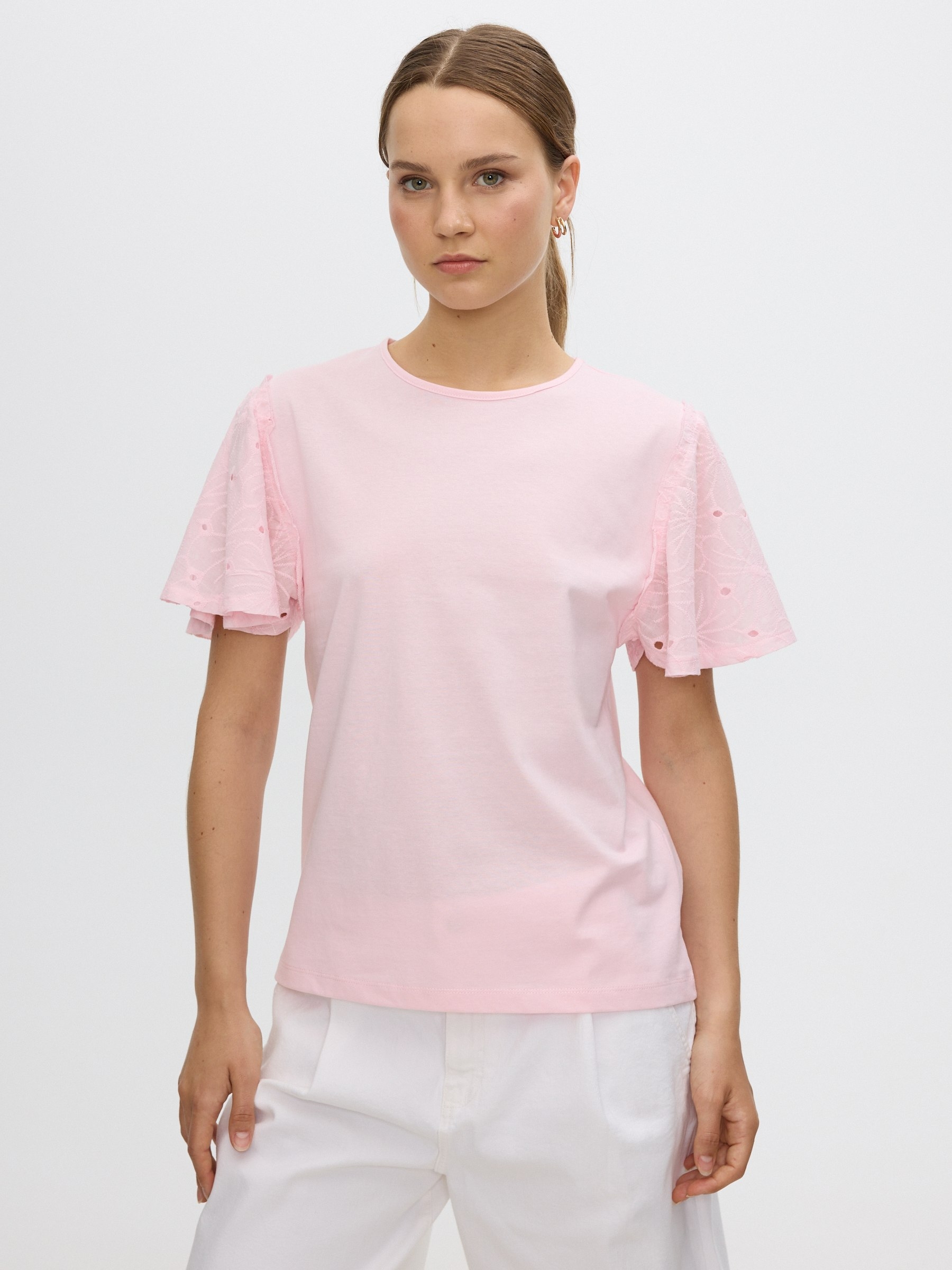 Swiss embroidered cotton T-shirt light pink middle front view