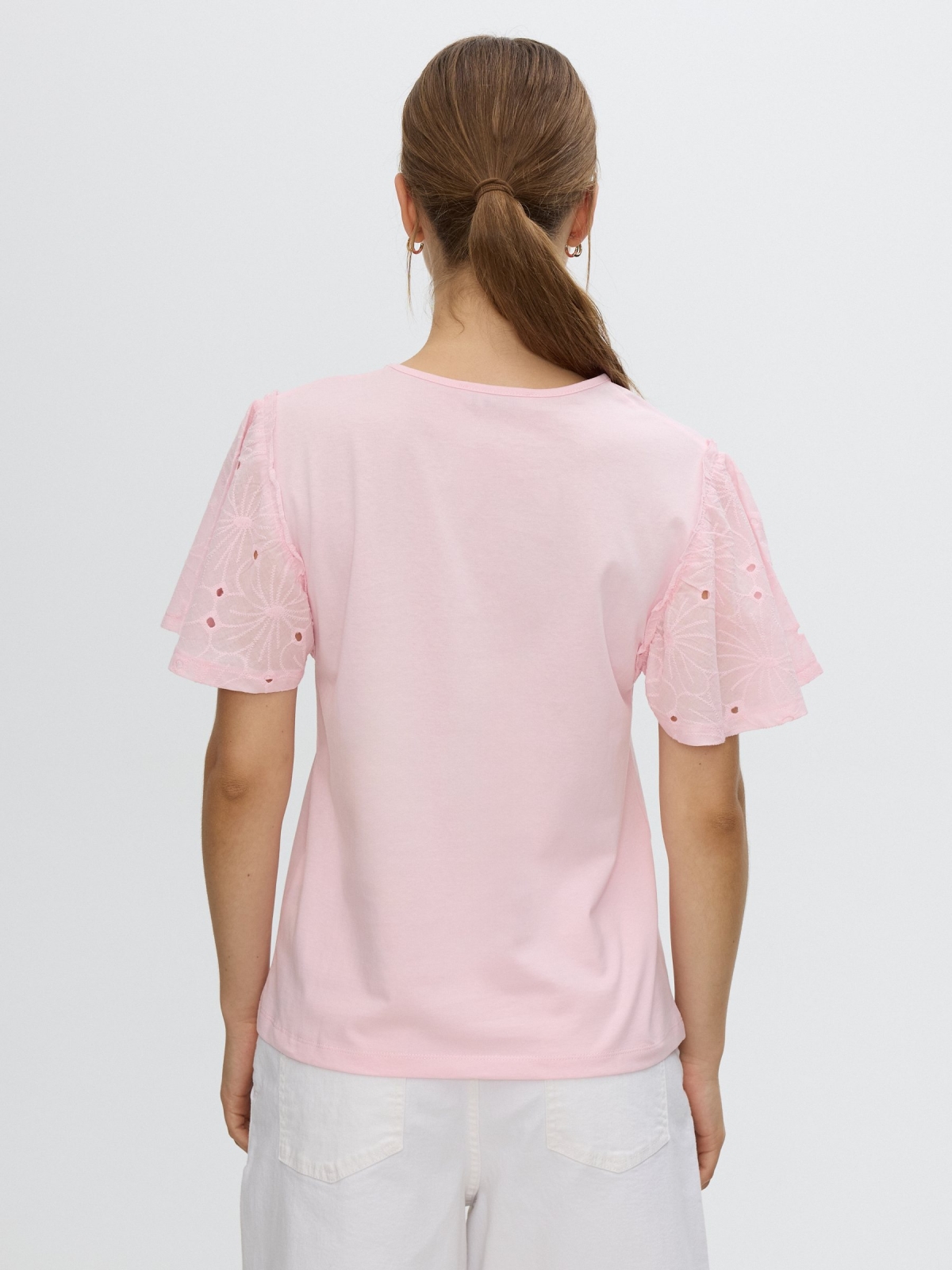 Swiss embroidered cotton T-shirt light pink middle back view