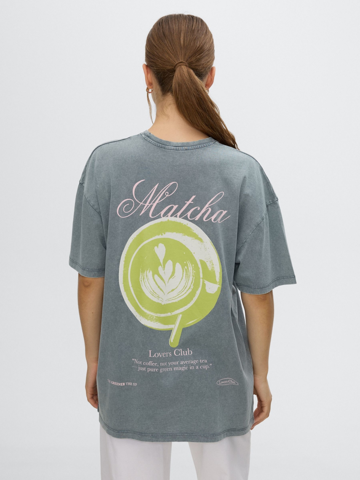 Washed oversized T-shirt bluish gray middle back view