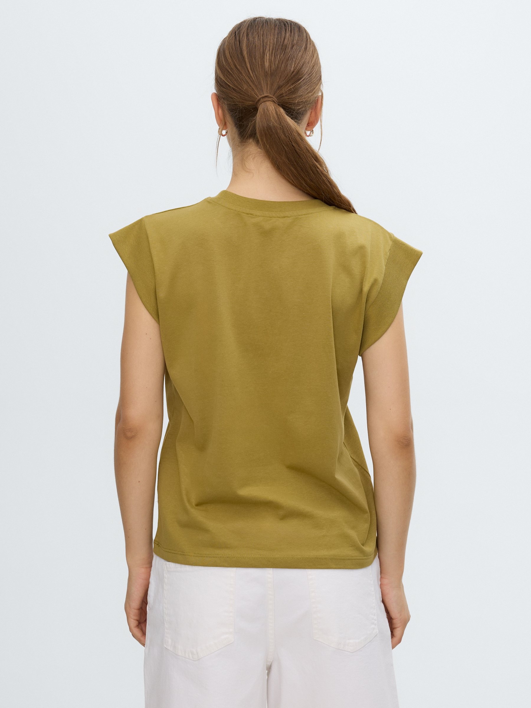 Sleeveless T-shirt with floral embroidery olive green middle front view