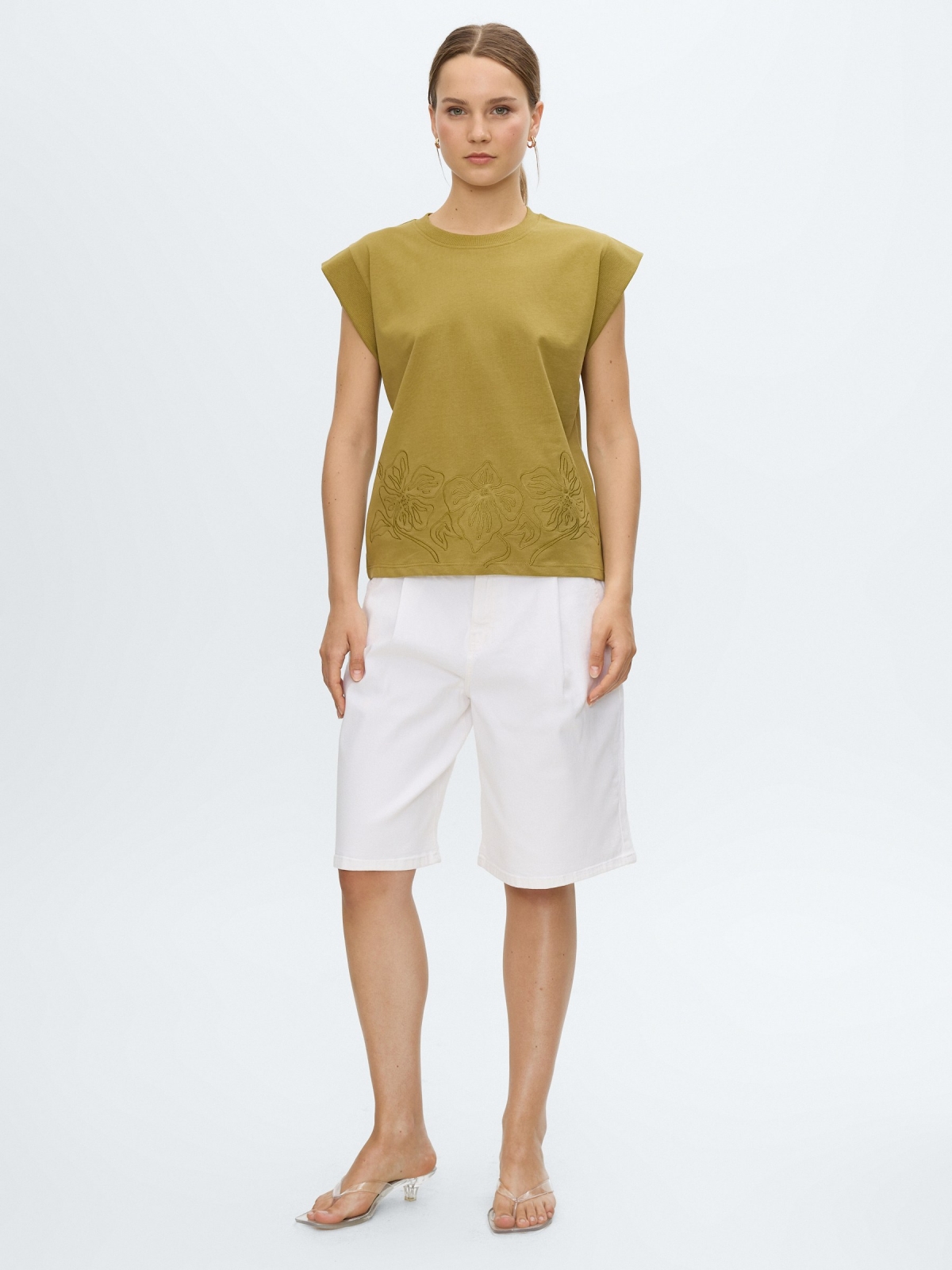 Sleeveless T-shirt with floral embroidery olive green front view