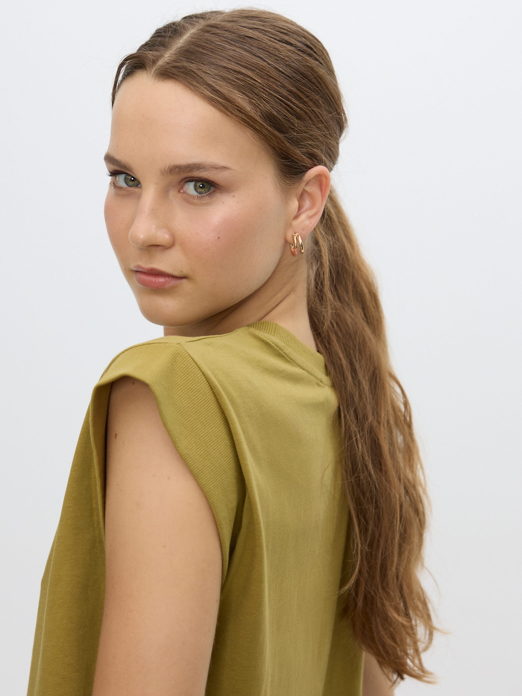 Sleeveless T-shirt with floral embroidery olive green middle front view