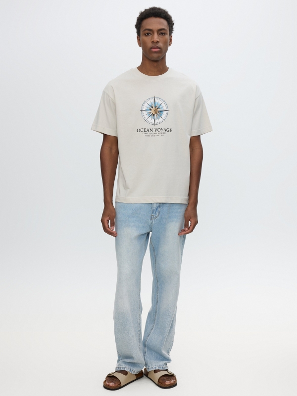 Camiseta texto ocean voyage cinza claro vista geral frontal