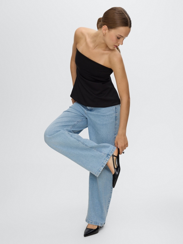 Jeans wide leg tiro médio azul claro vista detalhe