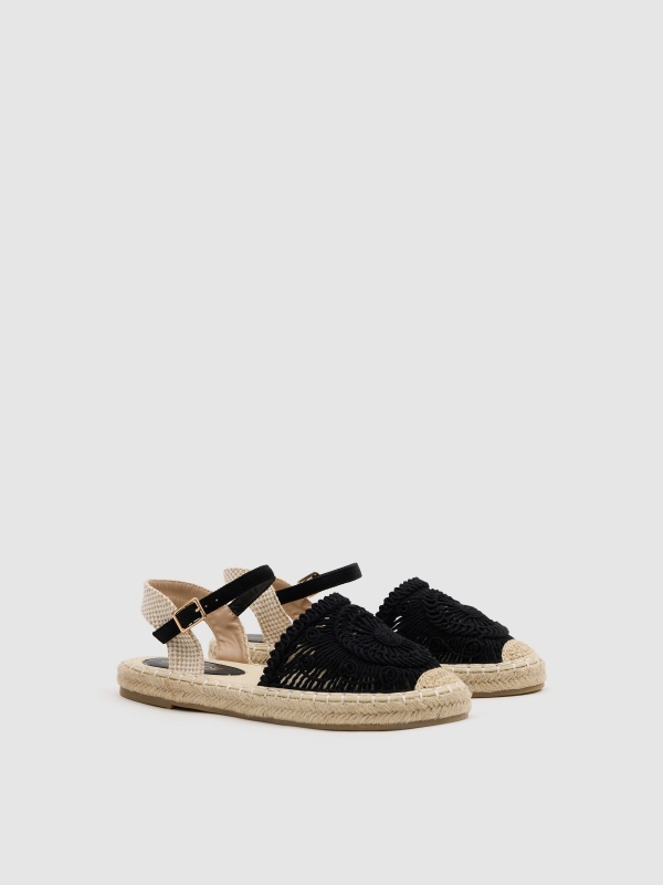 Jute sandals with embroidered strap black 45º front view
