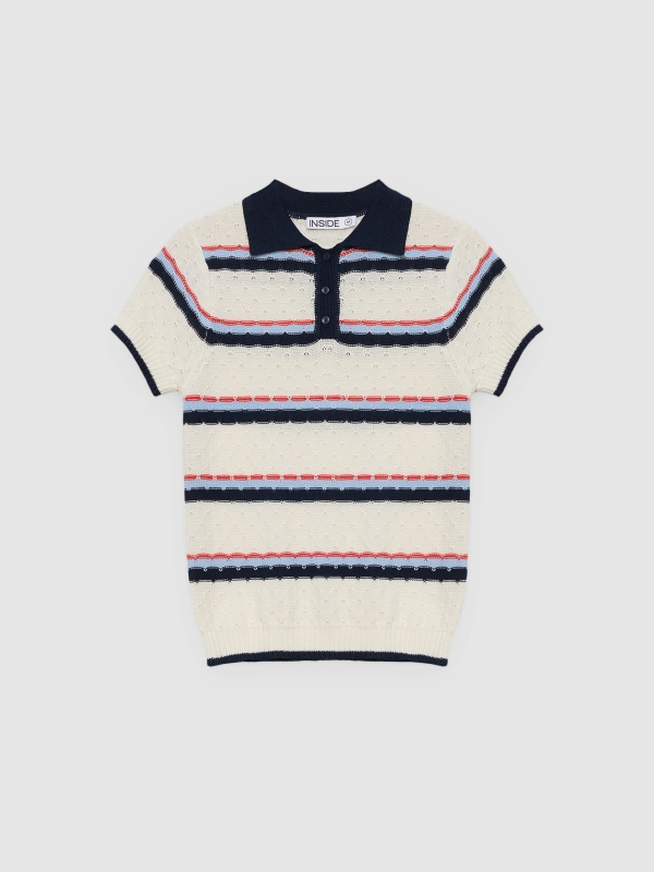  Openwork striped knitted polo shirt raw front view