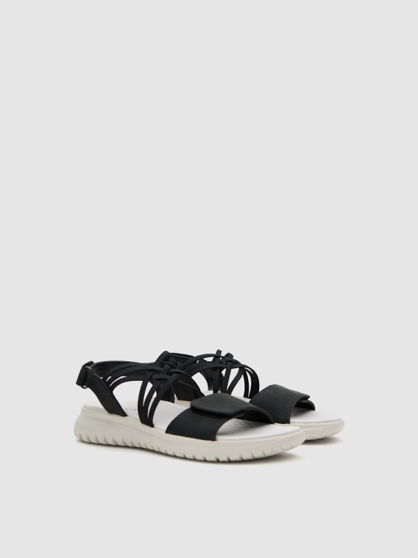 Flat sandal with crossed faux leather straps black 45º front view