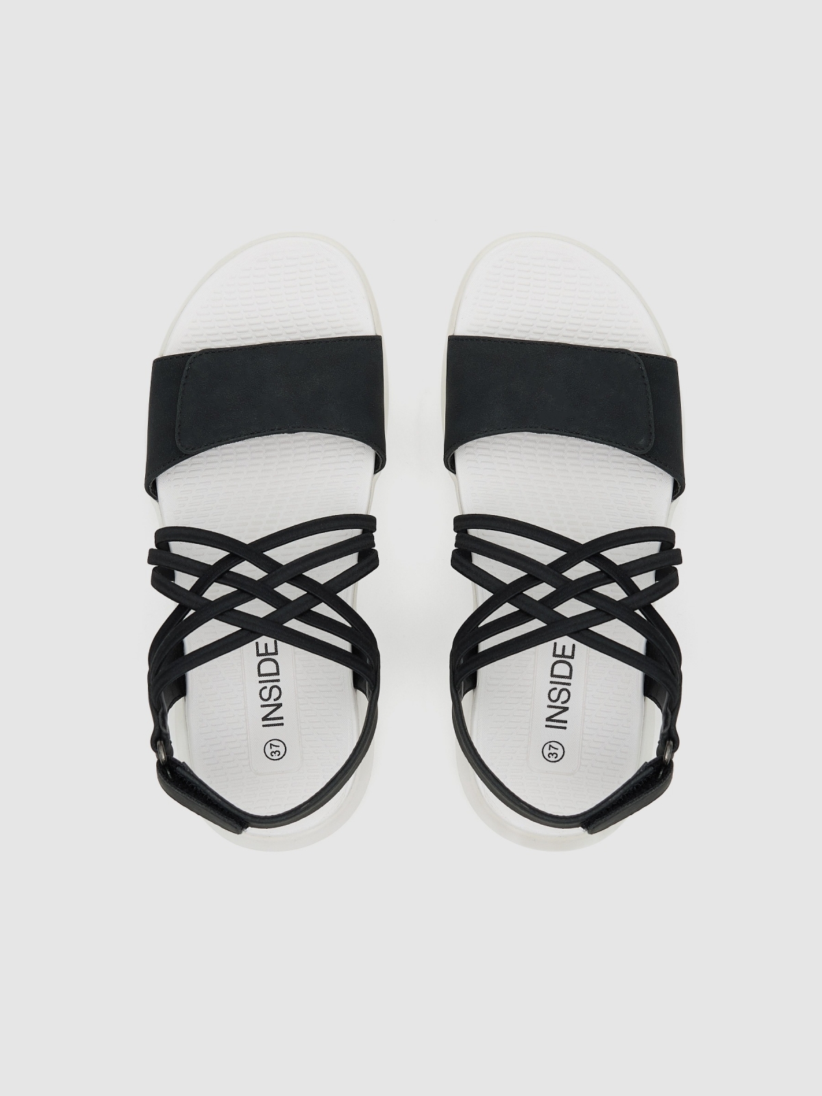 Flat sandal with crossed faux leather straps black zenithal view