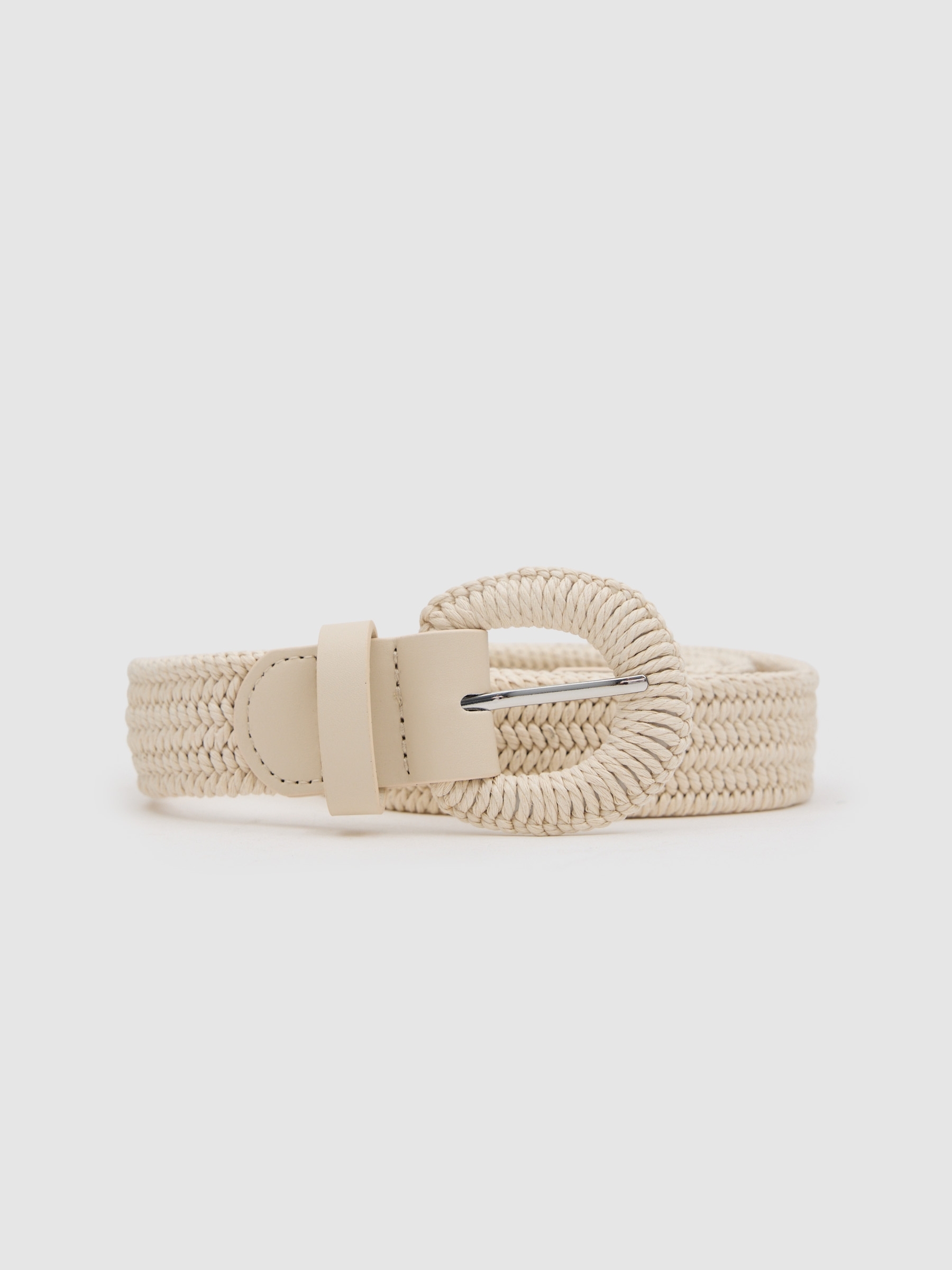Braided raffia belt with round buckle ivory
