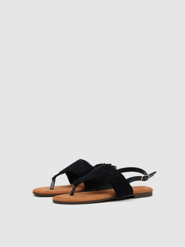 Crochet thong canvas sandal black 45º front view
