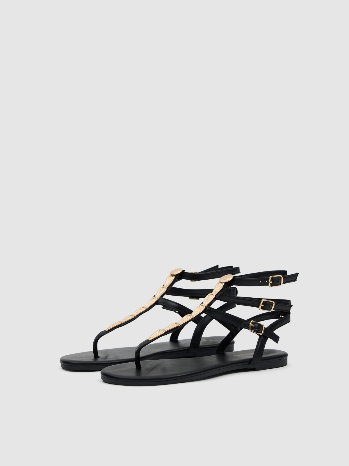 Flat sandal with straps and canvas black 45º front view