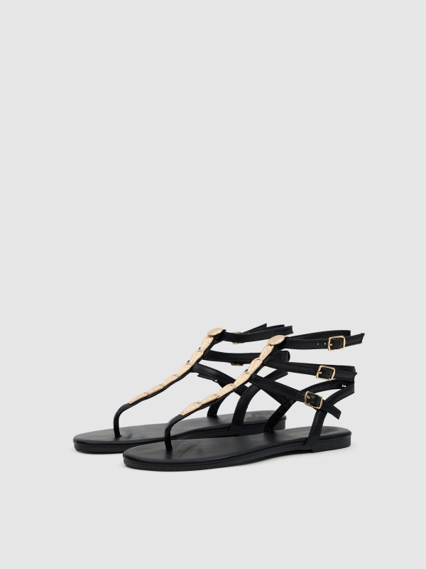 Flat sandal with straps and canvas black 45º front view