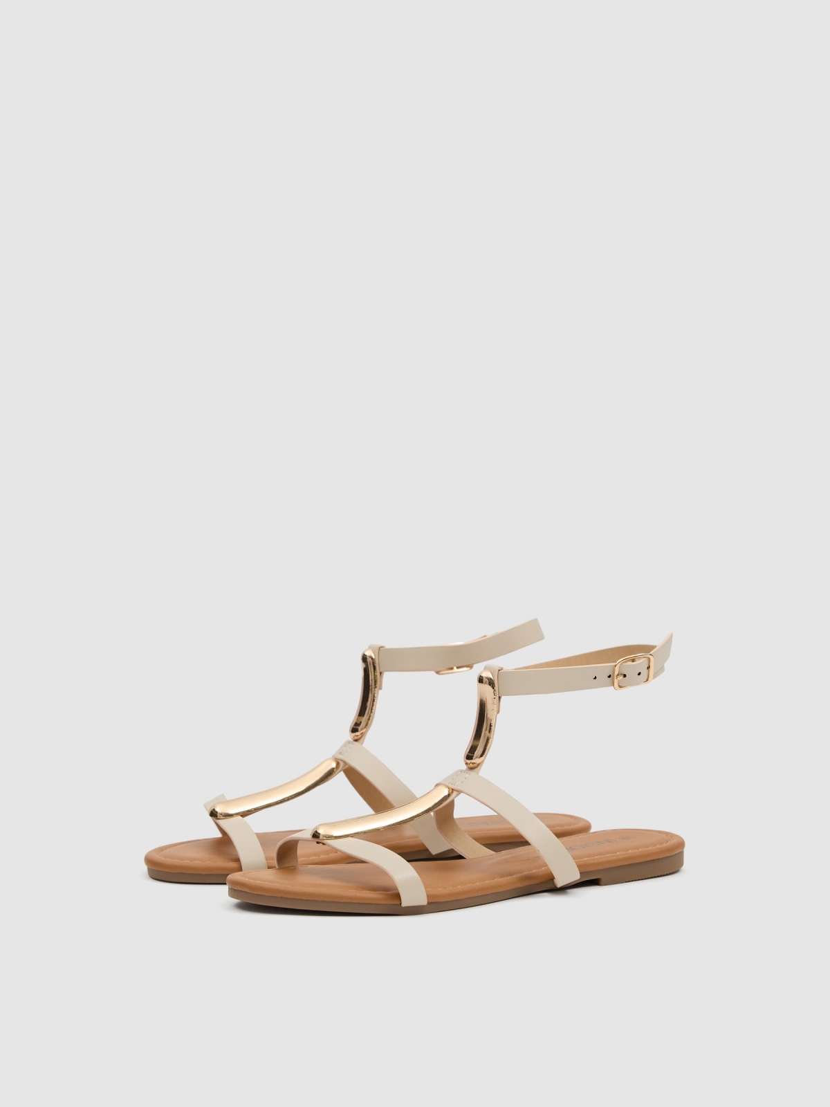 Sandalia plana de lona con tiras beige vista frontal 45º