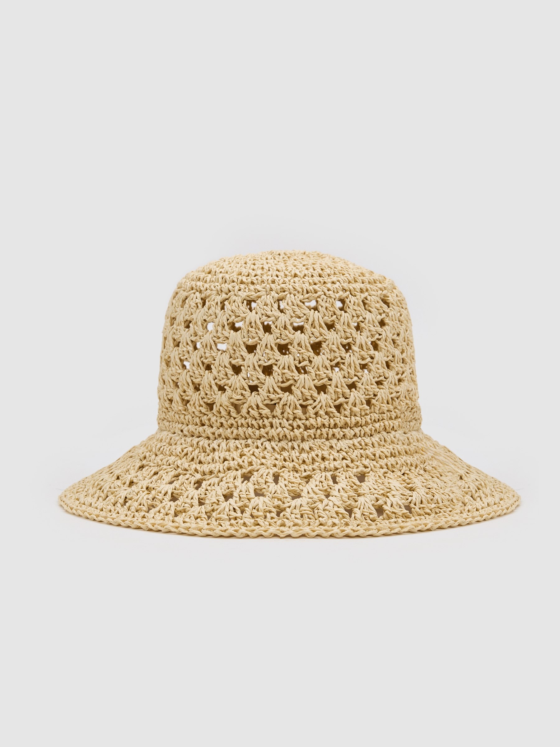Gorro bucket de yute beige vista lateral frontal 45º