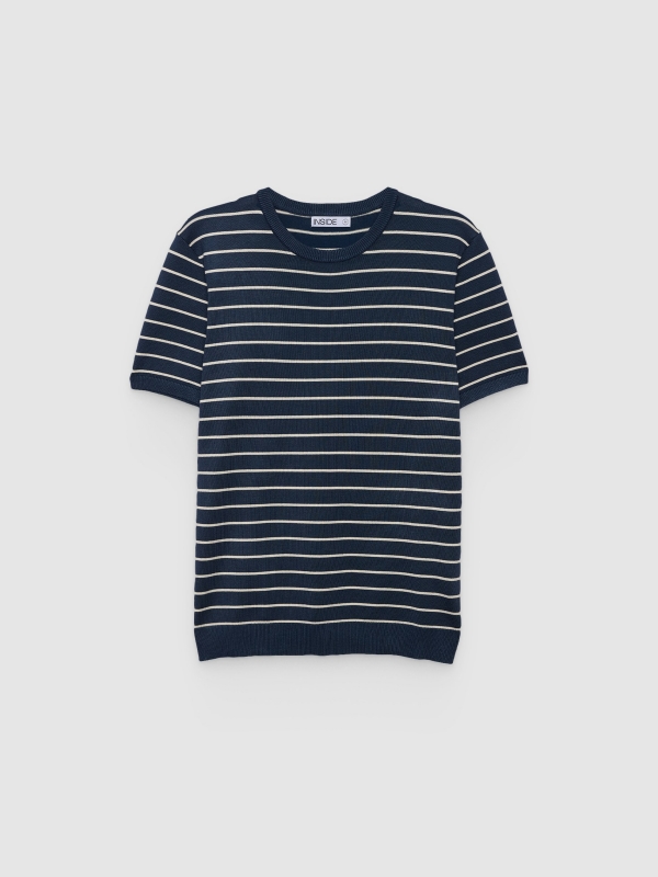  Striped knit fabric t-shirt petrol blue front view