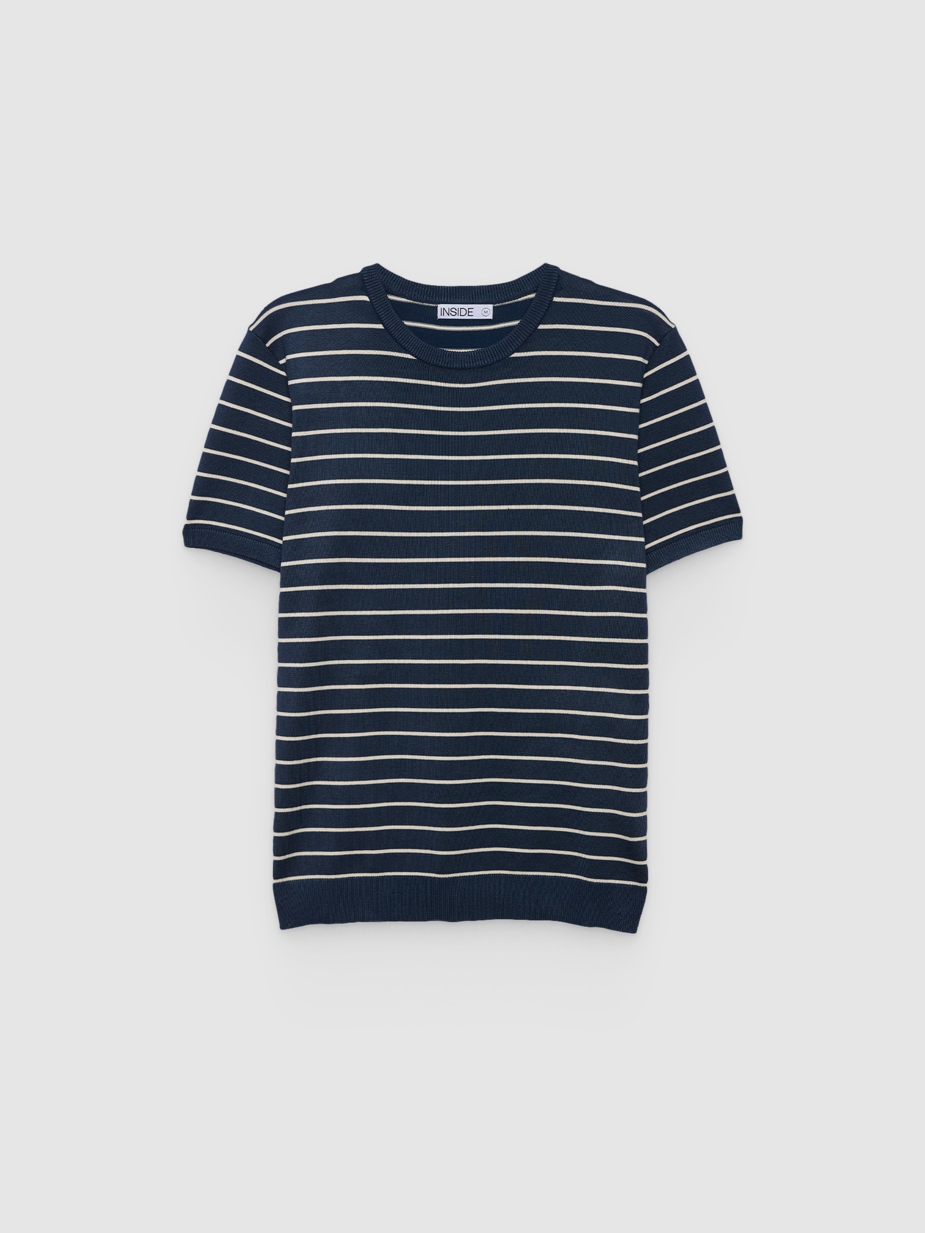 Striped knit fabric t-shirt petrol blue middle front view
