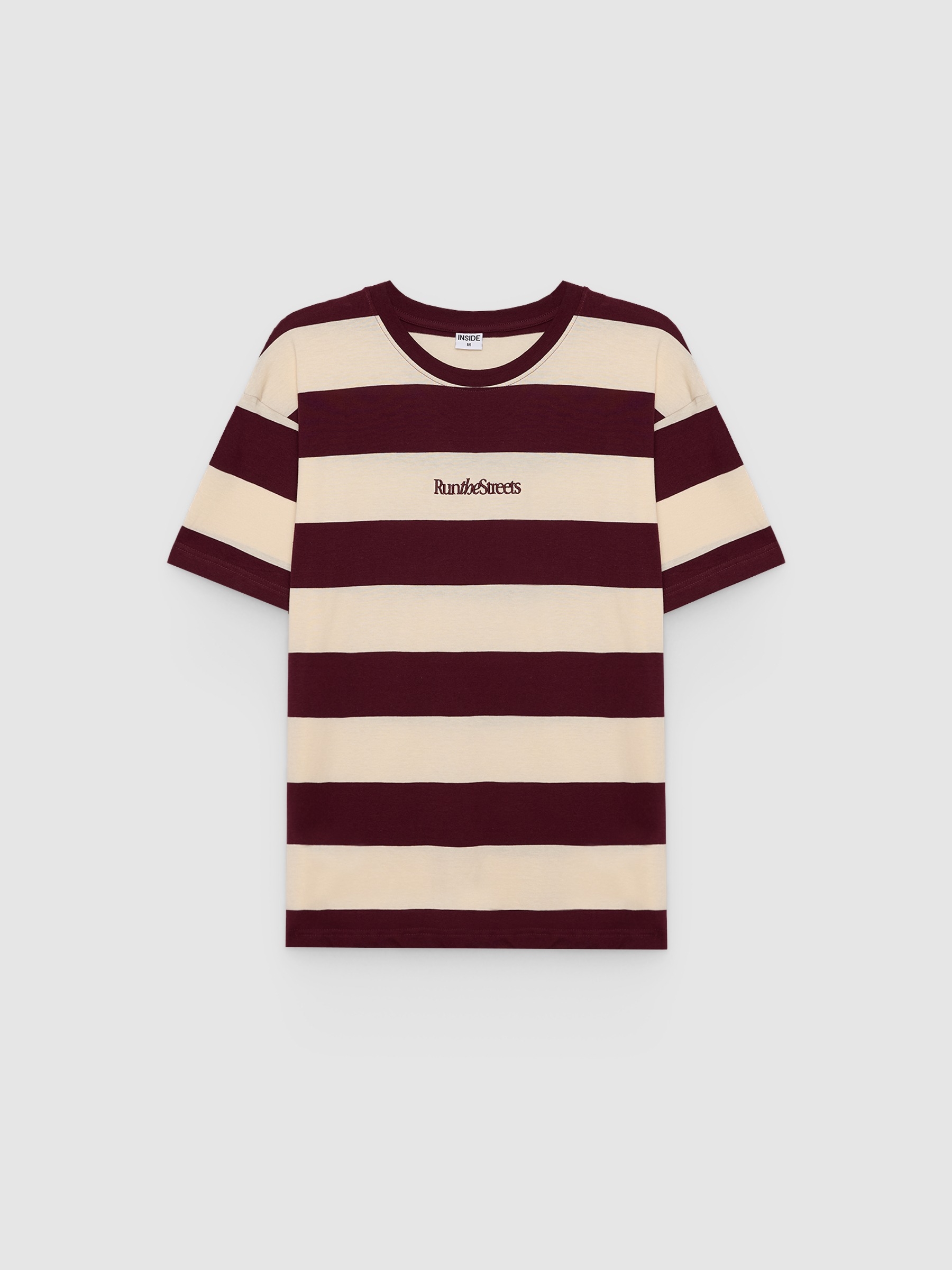 Striped round neck t-shirt dark garnet middle front view