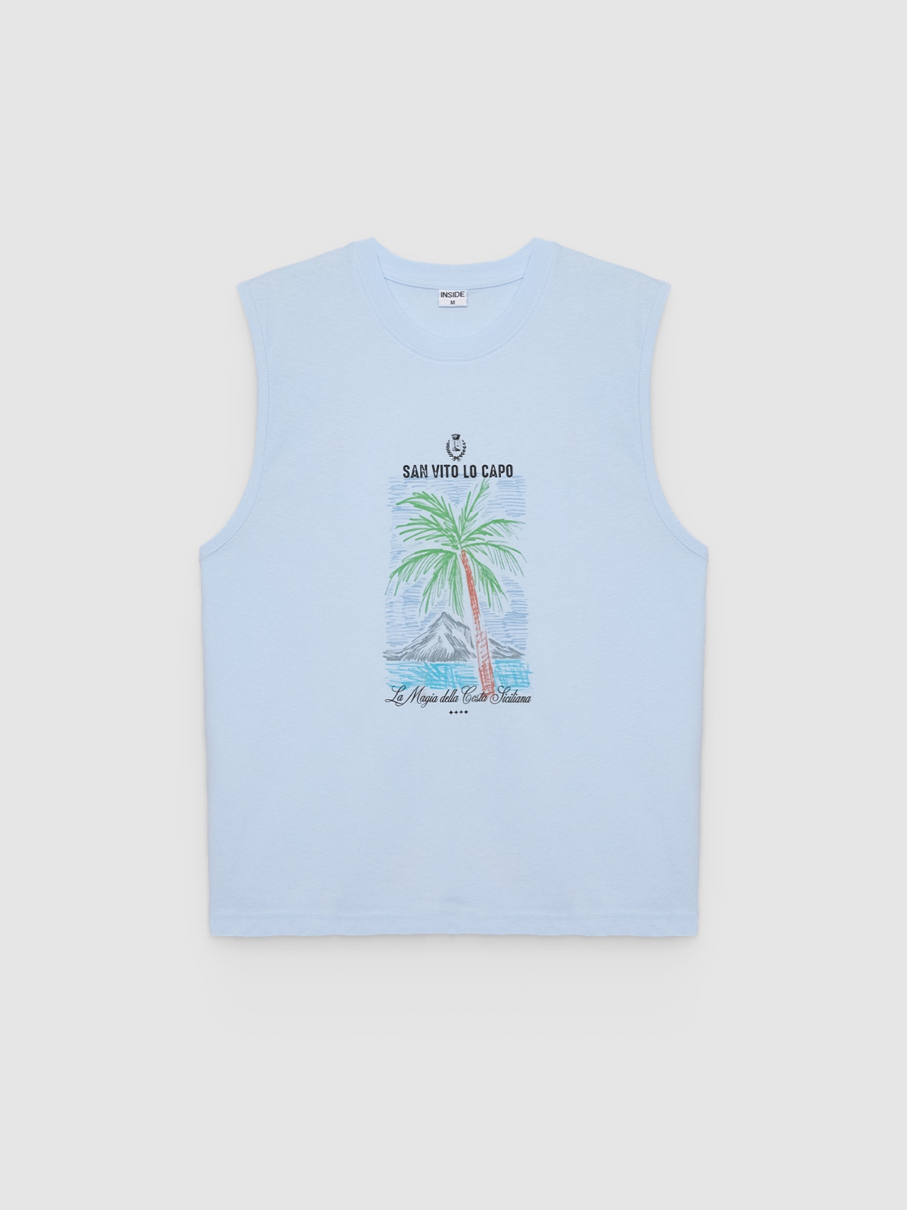 Camiseta sem mangas tropical azul céu vista meia frontal