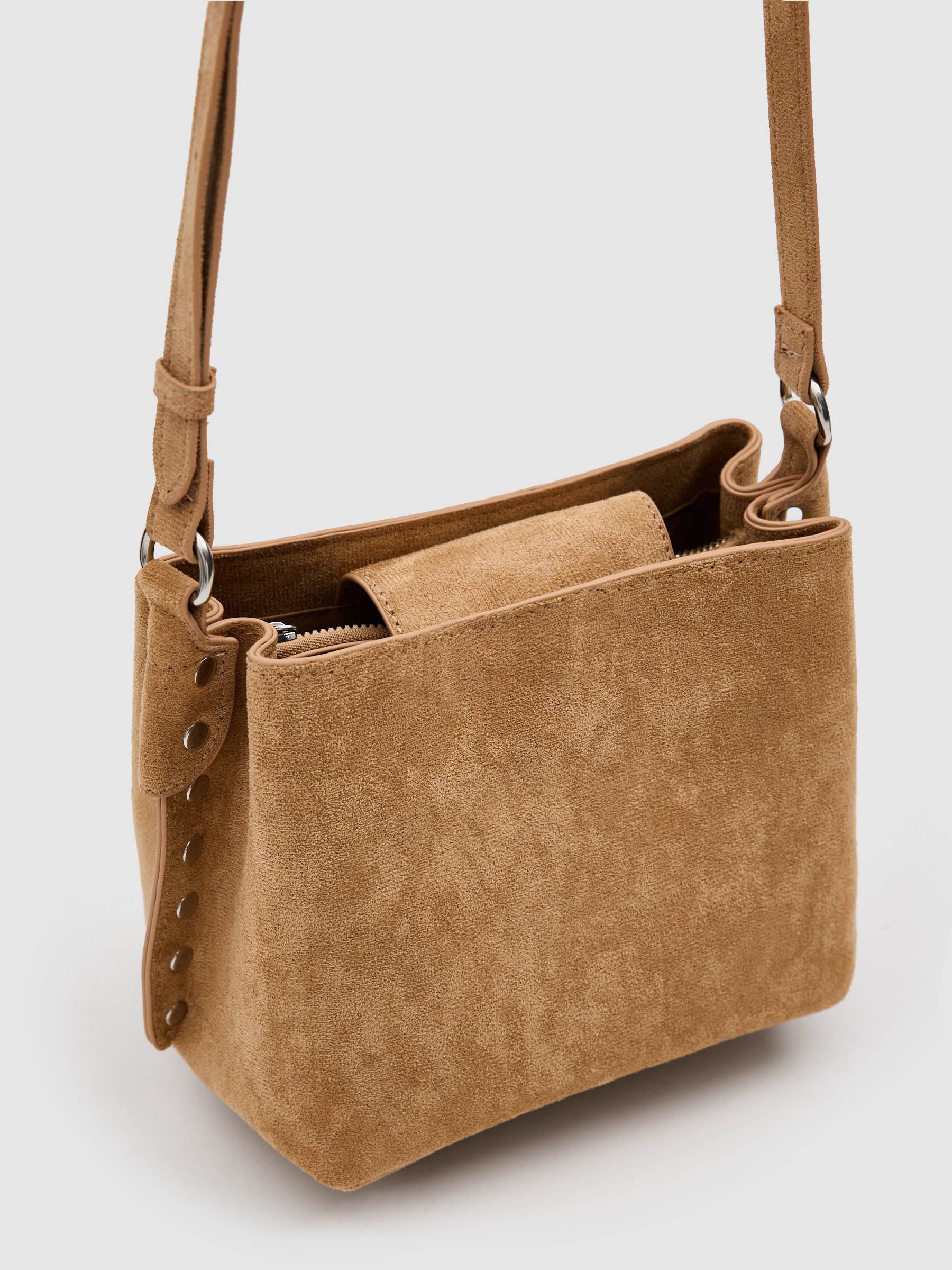 Crossbody bag with leather effect earth brown front view