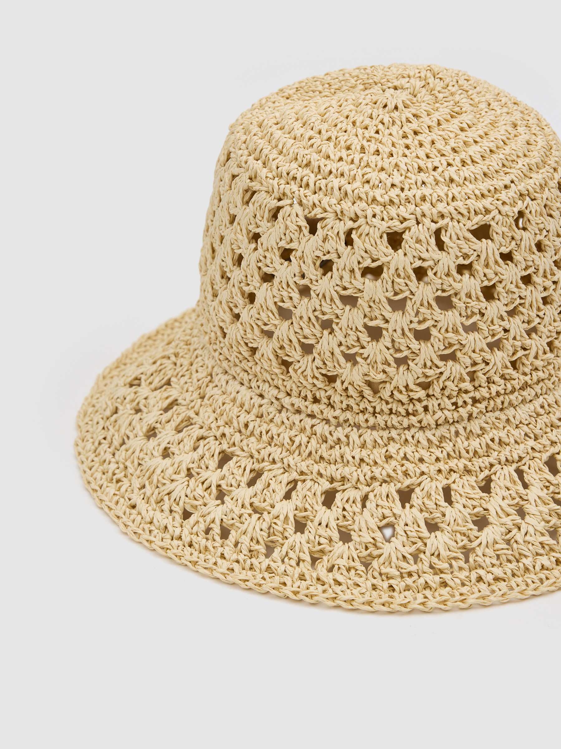 Gorro bucket de yute beige vista lateral frontal 45º