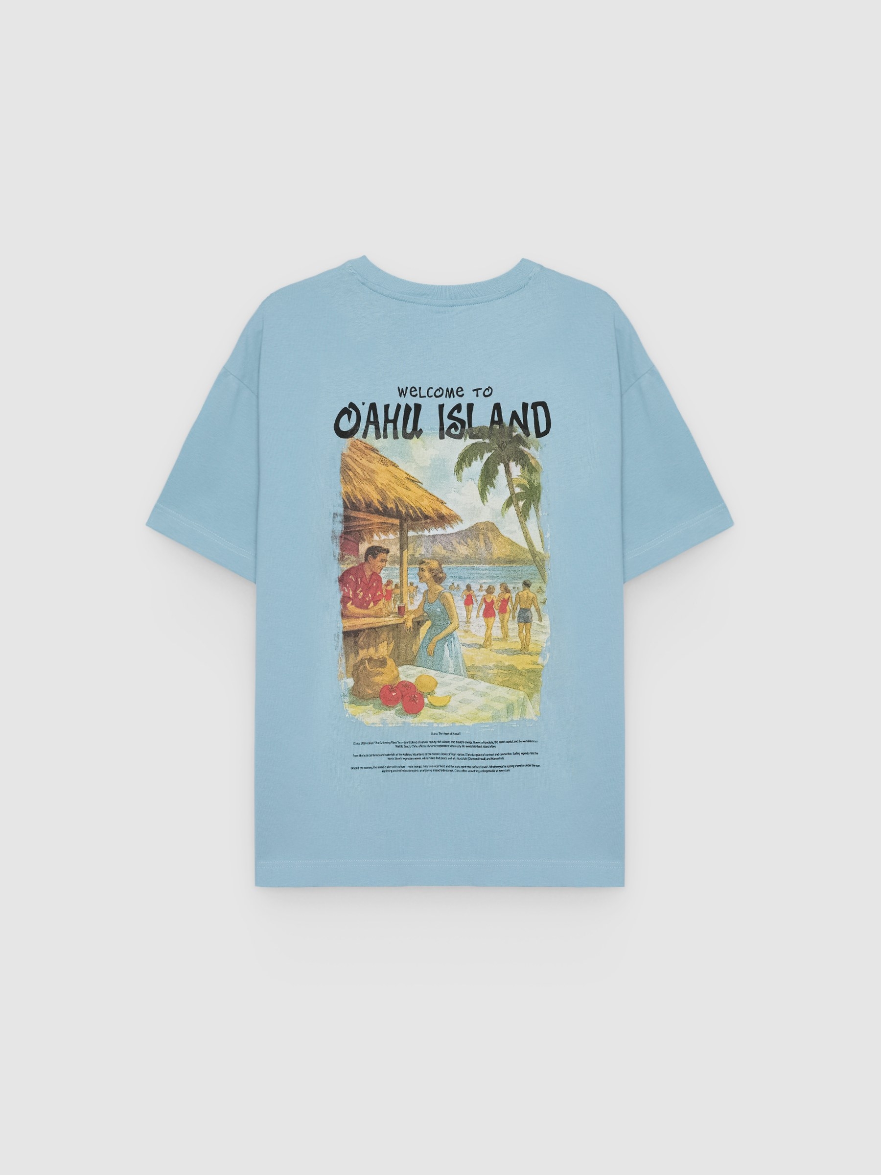 Camiseta mini bordado havaiano azul vista meia frontal