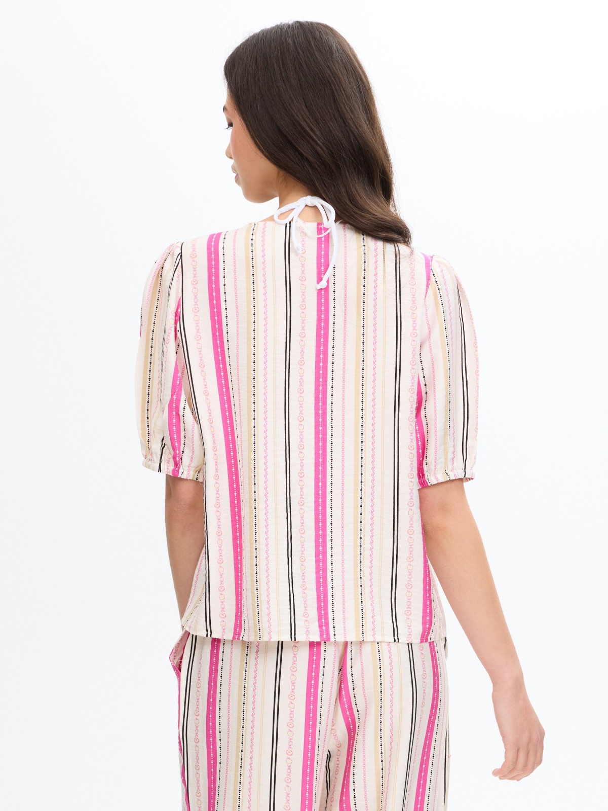 Printed blouse with ties white middle back view