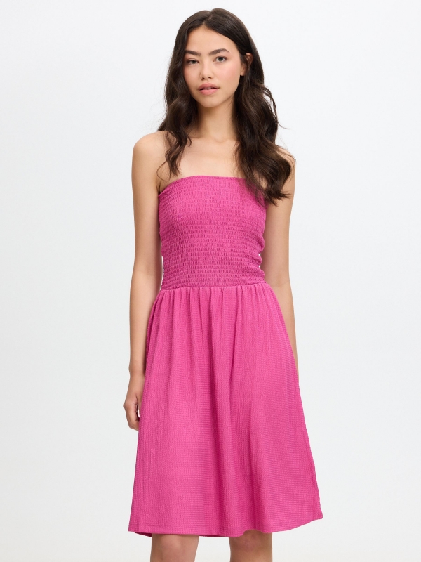 Mini smocked bandeau dress magenta pink middle front view