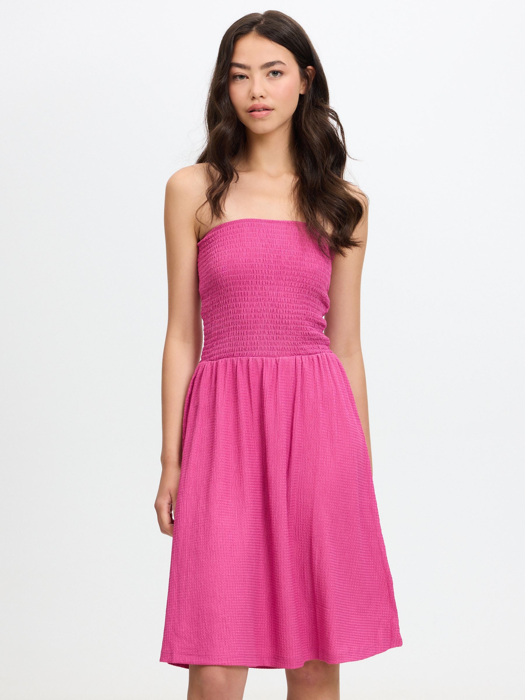 %Pto% Mini smocked bandeau dress magenta pink front view