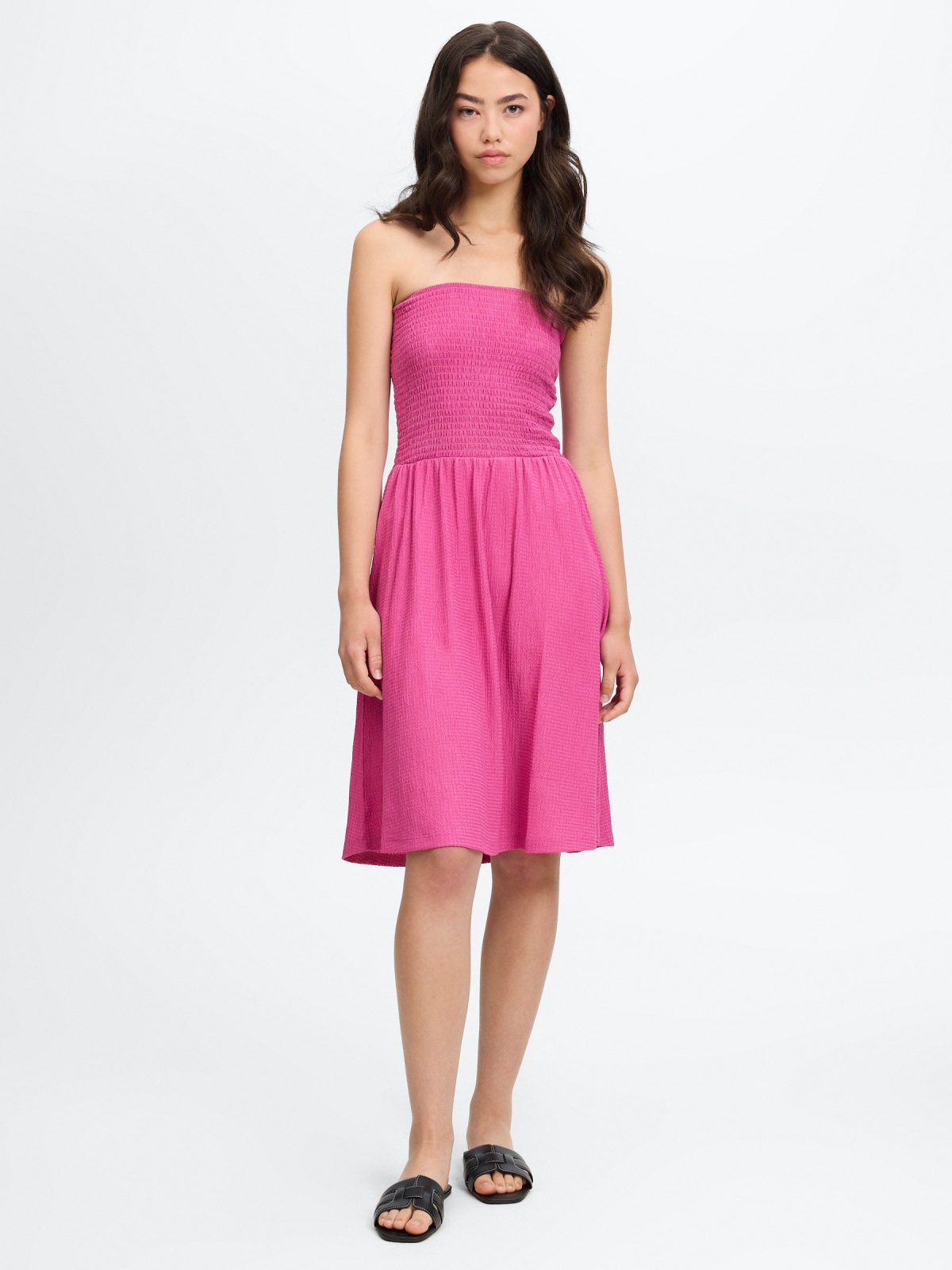 Vestido bandeau mini com lastex rosa magenta vista geral frontal