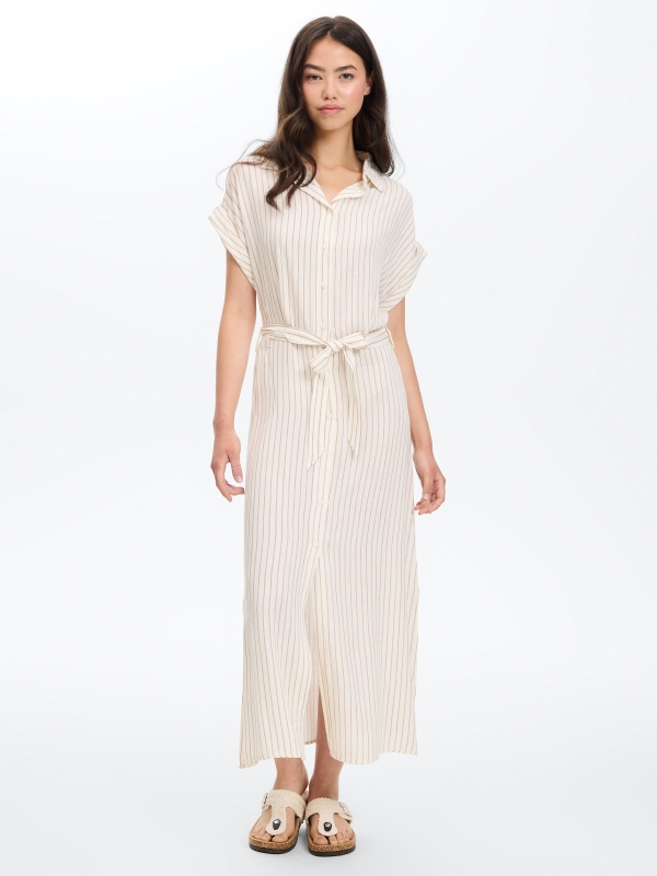 Vestido midi camiseiro às riscas off white vista meia frontal