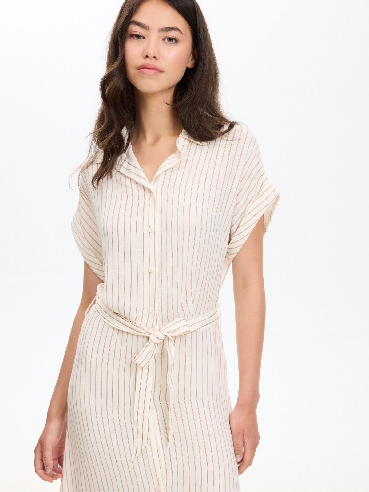Striped midi shirt dress off white front view