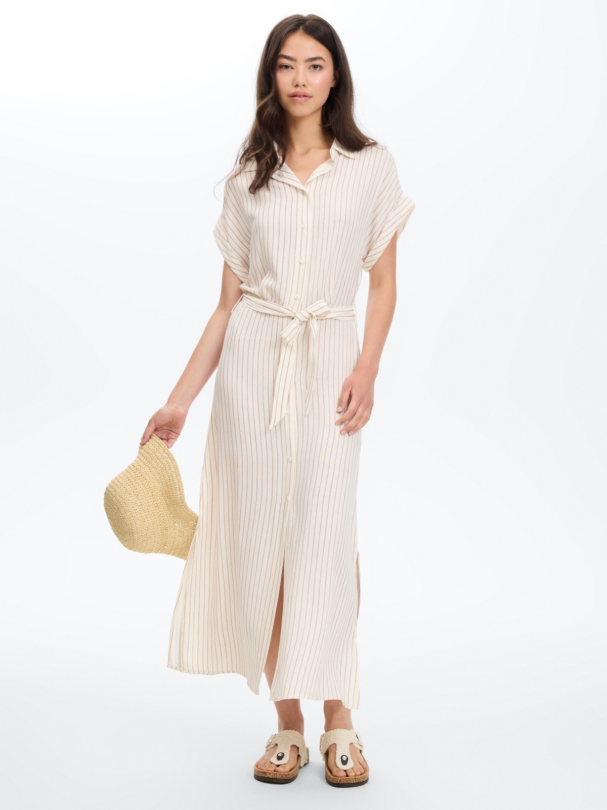 Vestido midi camisero a rayas blanco roto vista detalle