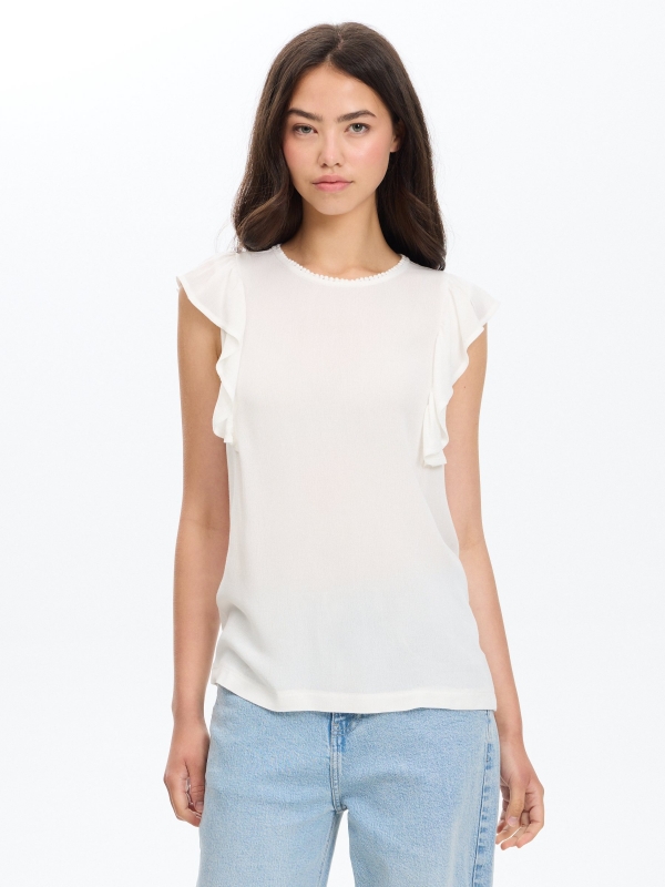 Camiseta sisa de viscosa con volantes blanco vista media frontal