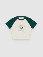 %Pto% Bicolor crop sports shirt off white front view