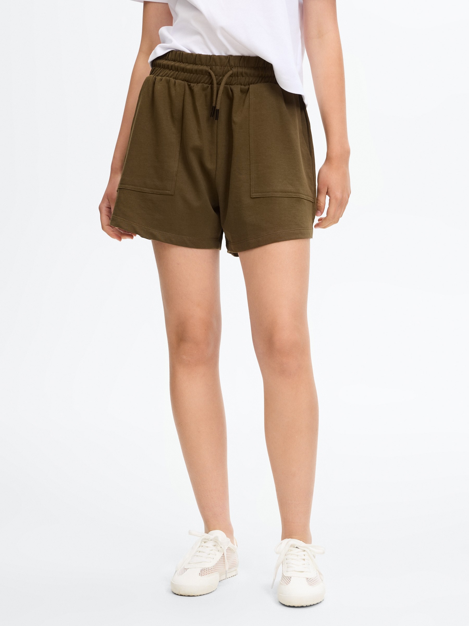  Fleece shorts with pockets olive green front view