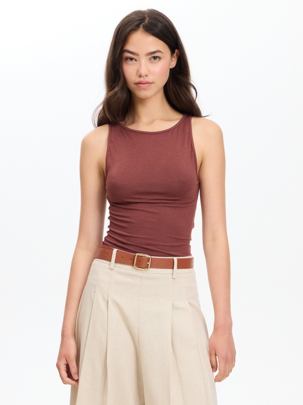 Basic slim halter top chocolate middle front view