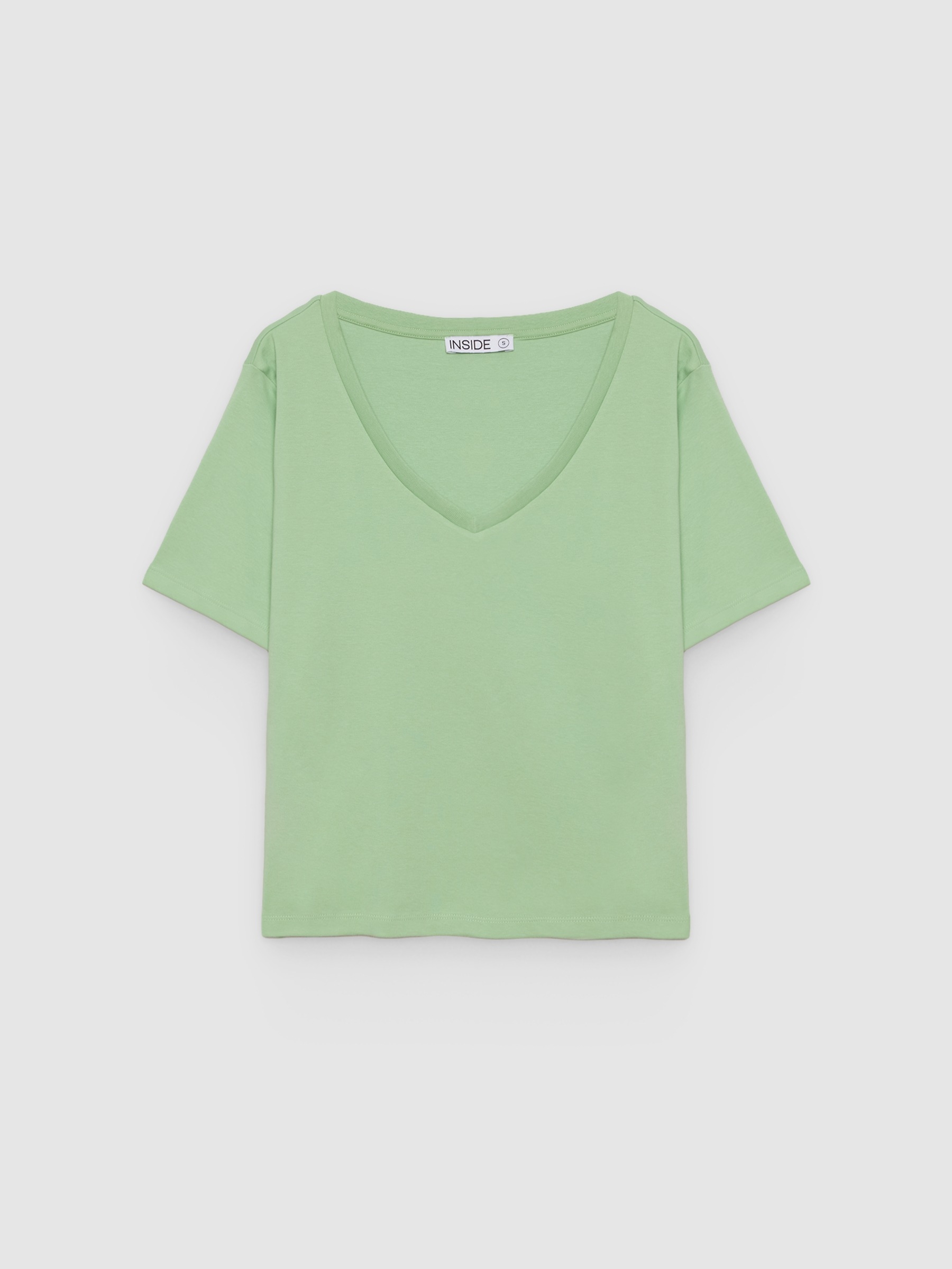 Camiseta de algodón cuello pico verde claro vista media frontal