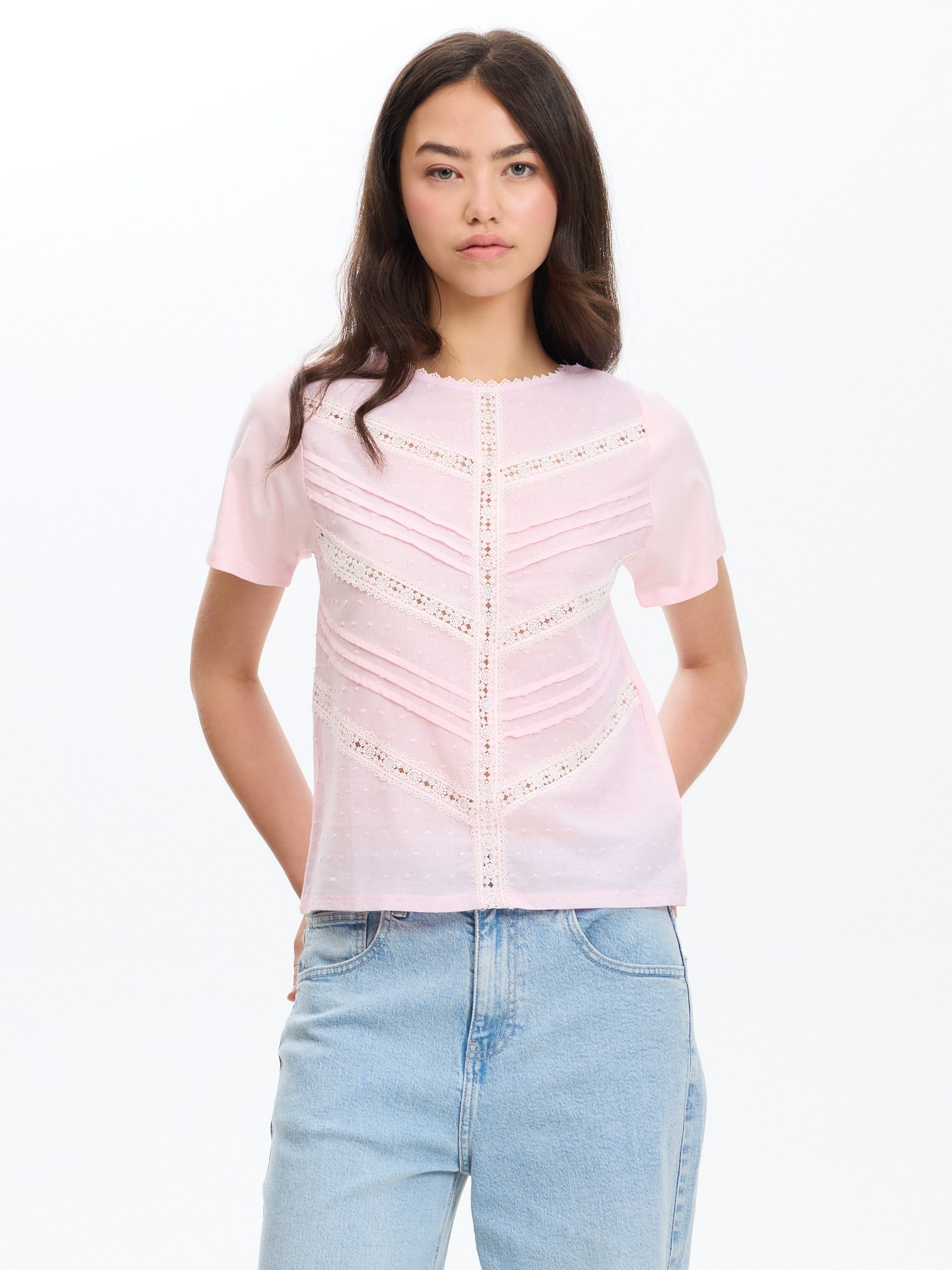 Camiseta algodón plumeti rosa claro vista media frontal
