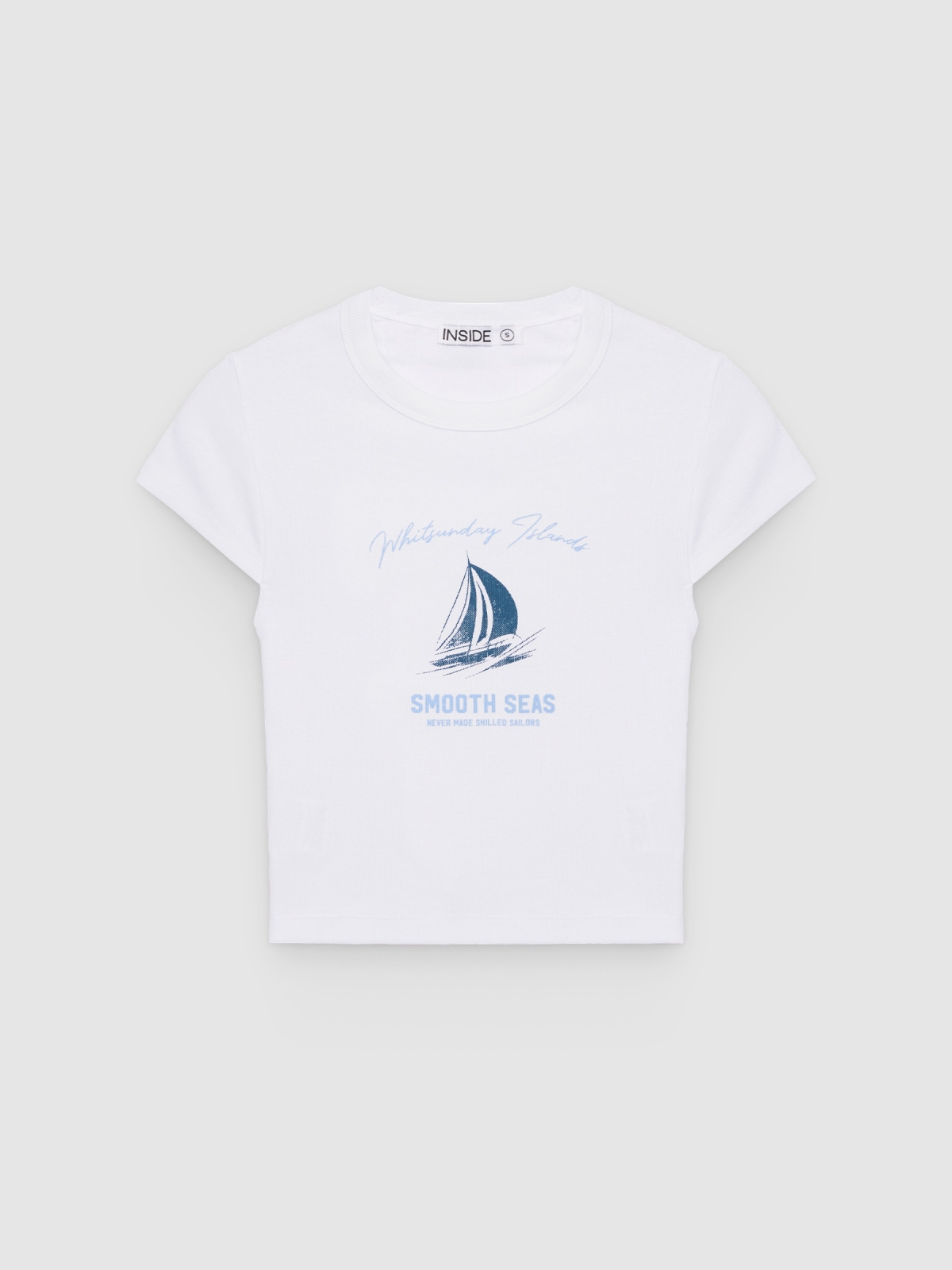 %Pto% Camiseta cropped rib estampado marinho branco vista frontal