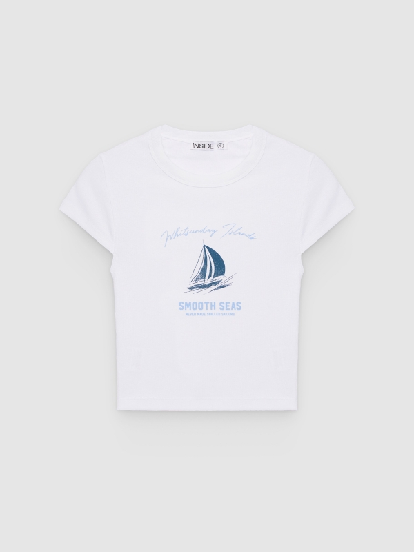 %Pto% Camiseta cropped rib estampado marinho branco vista frontal
