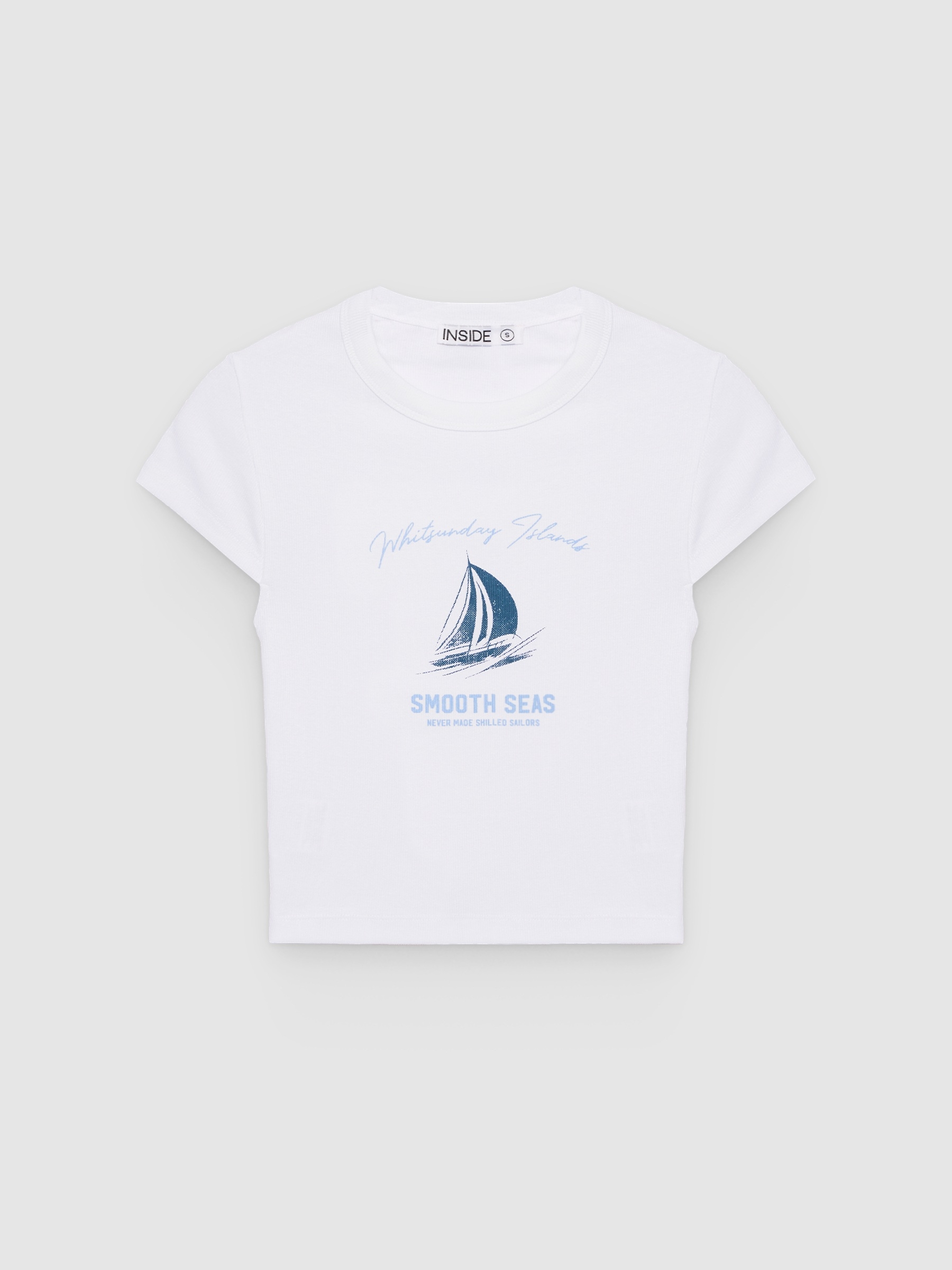 Camiseta crop rib estampado marino blanco vista media frontal